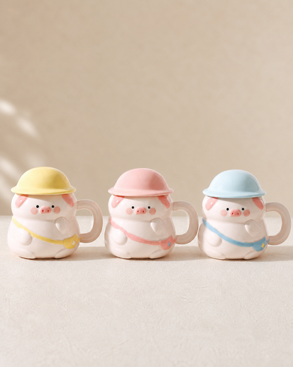 Pig Character Mug with Pastel Helmet Lid