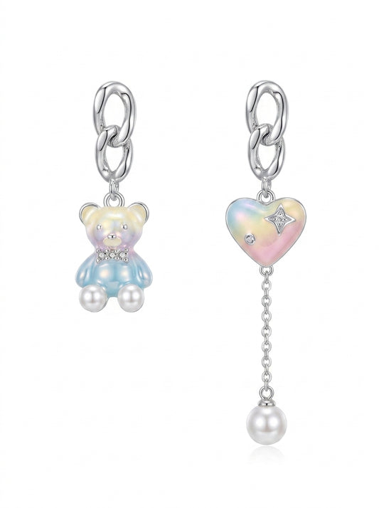 Asymmetric -plated Bear And Heart Drop With Pearl Rhodium with Sterling Silver Posts Earr… 1