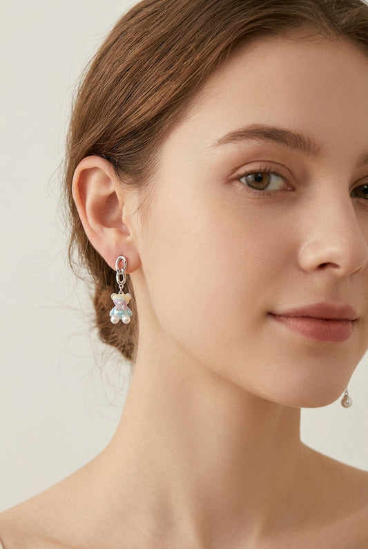 Asymmetric -plated Bear And Heart Drop With Pearl Rhodium with Sterling Silver Posts Earr… 2