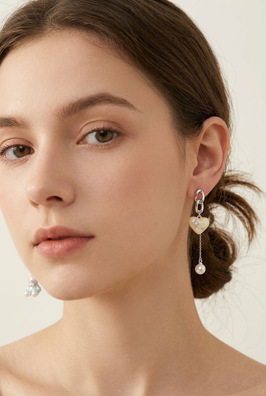 Asymmetric -plated Bear And Heart Drop With Pearl Rhodium with Sterling Silver Posts Earr… 3