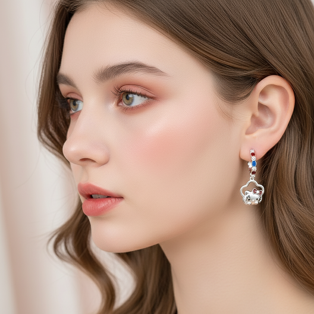 Shimmering Kitty Silver Hoop Earrings