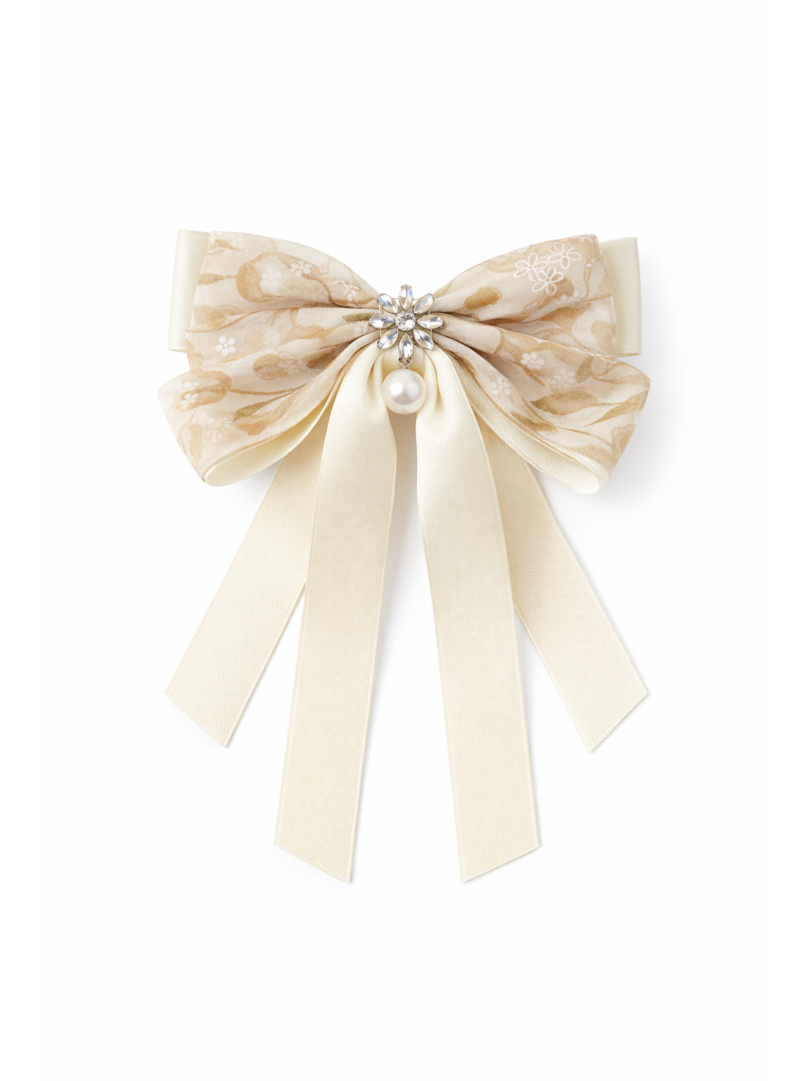 Beige Floral Bow Hair Clip with Ribbon Tails 1