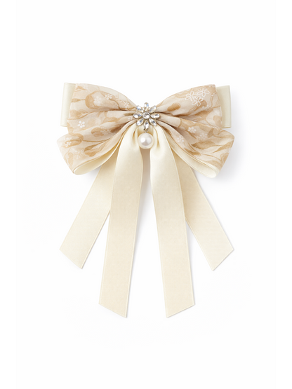 Beige Floral Bow Hair Clip with Ribbon Tails 1