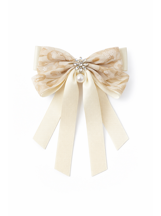 Beige Floral Bow Hair Clip with Ribbon Tails 1