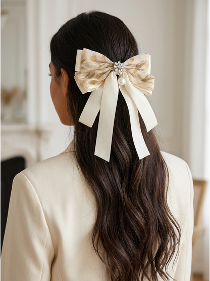 Beige Floral Bow Hair Clip with Ribbon Tails 2