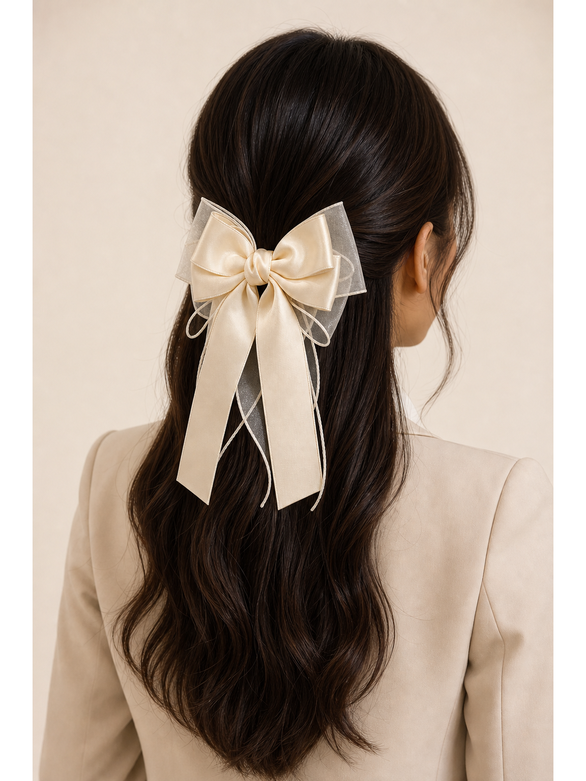 Beige Layered Satin Bow Hair Clip 2