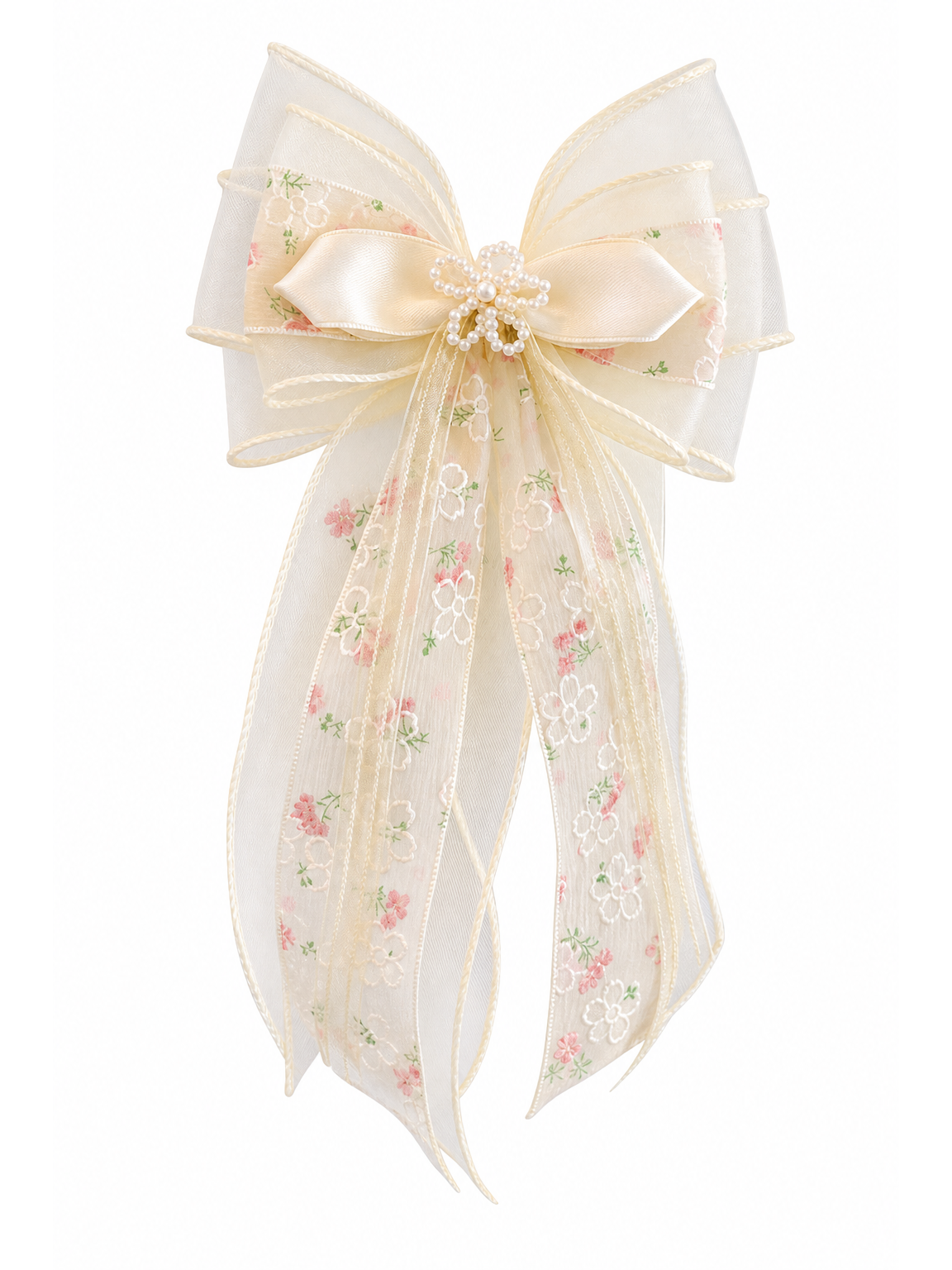 Beige Sheer Floral Bow Hair Clip 1