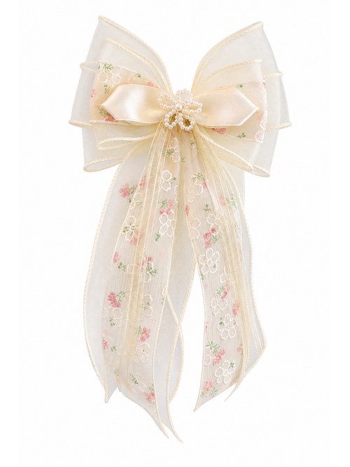 Beige Sheer Floral Bow Hair Clip
