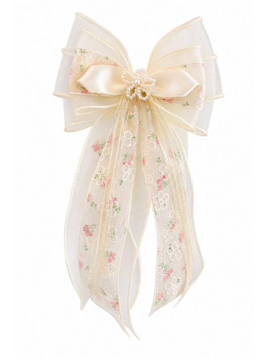 Beige Sheer Floral Bow Hair Clip 1