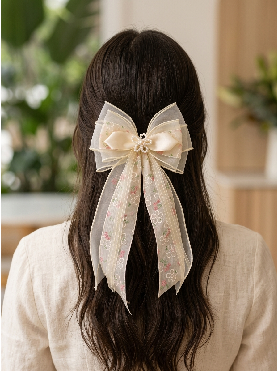 Beige Sheer Floral Bow Hair Clip 2