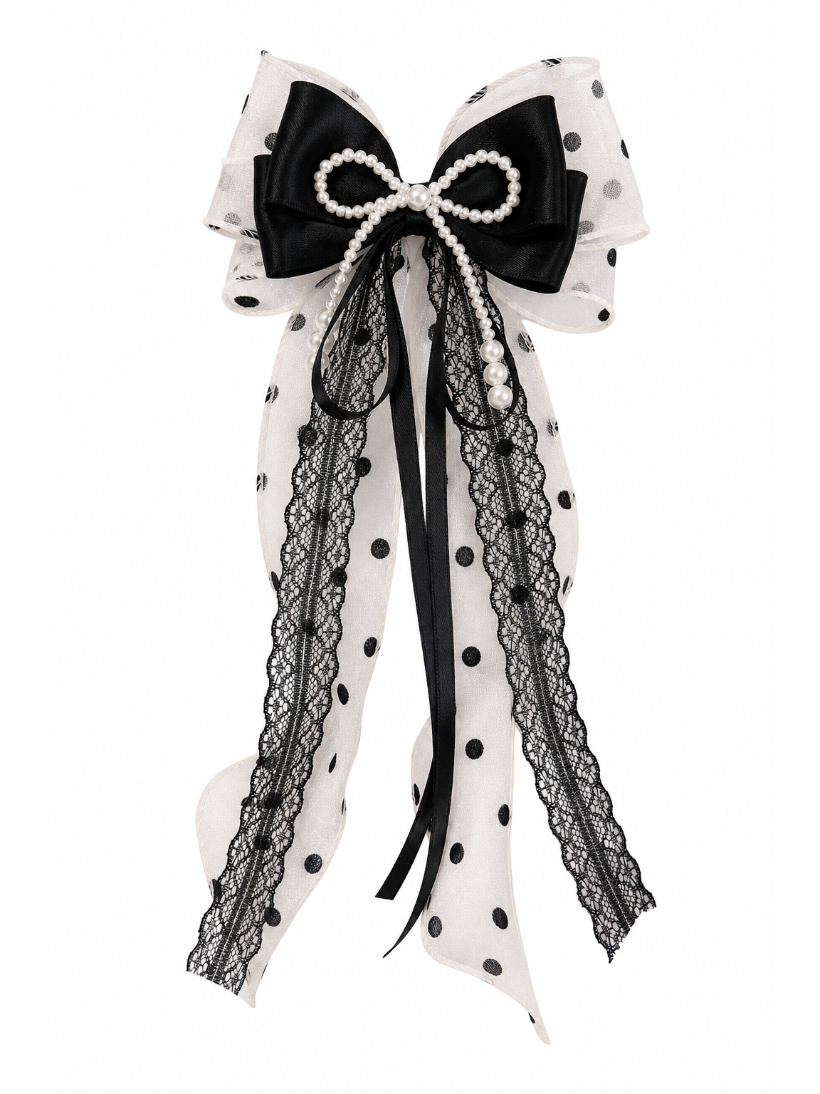 Black Bow Clip with Pearl Detail and Long Ribbon Tails 1