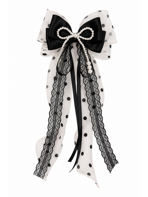 Black Bow Clip with Pearl Detail and Long Ribbon Tails