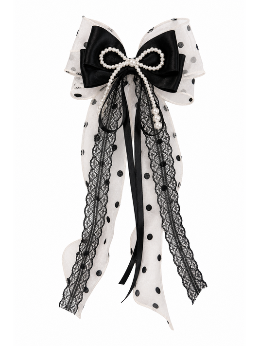 Black Bow Clip with Pearl Detail and Long Ribbon Tails 1