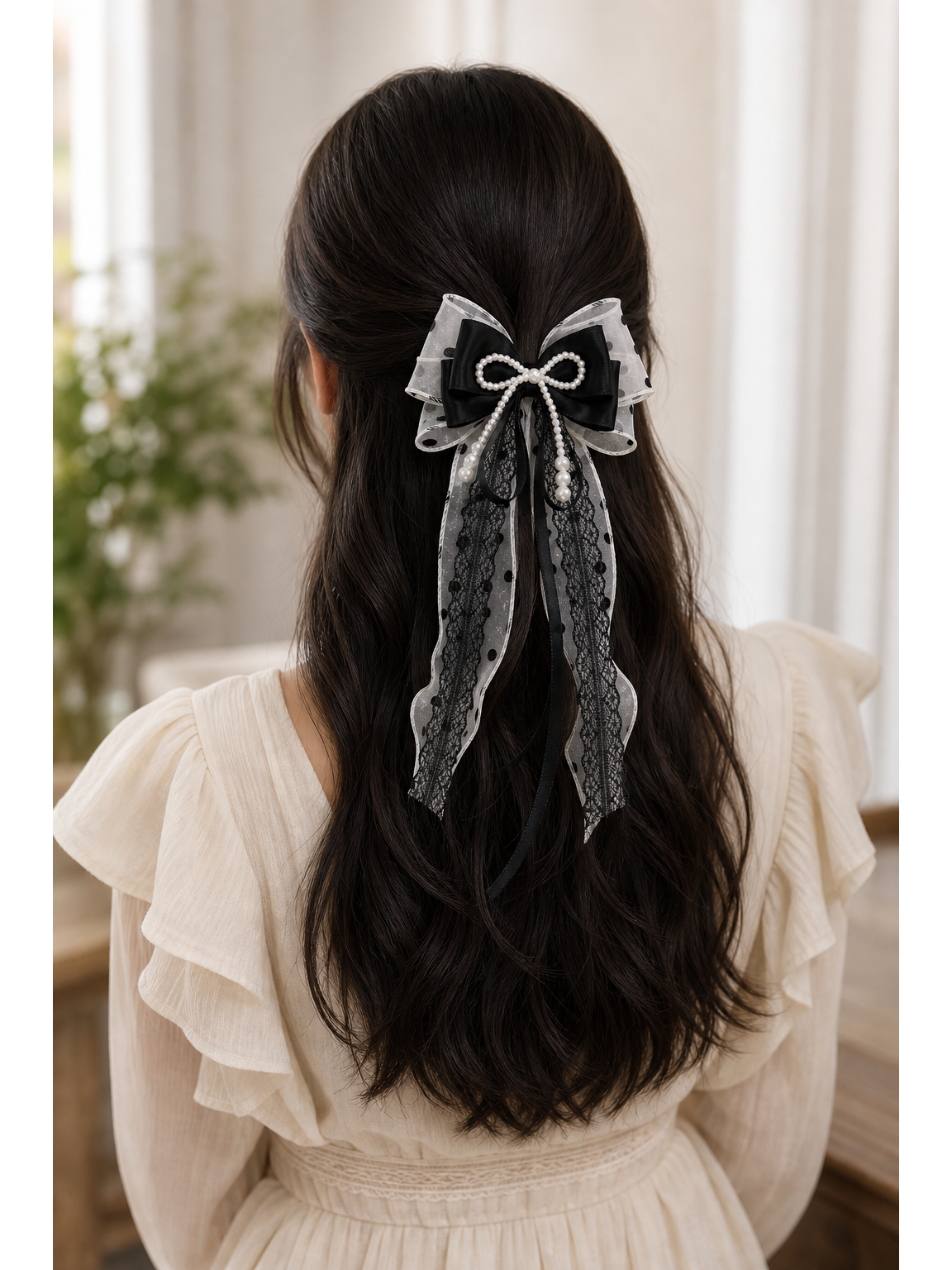 Black Bow Clip with Pearl Detail and Long Ribbon Tails 2