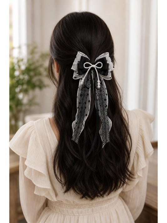 Black Bow Clip with Pearl Detail and Long Ribbon Tails 2