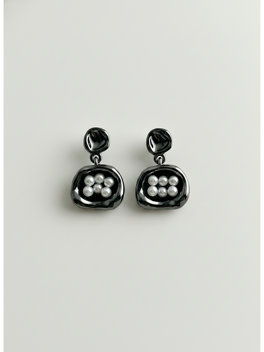 Black Enamel Pearl-look Geometric Drop with Sterling Silver Posts Earring 1