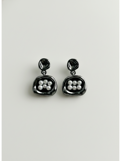 Black Enamel Pearl-look Geometric Drop with Sterling Silver Posts Earring 1