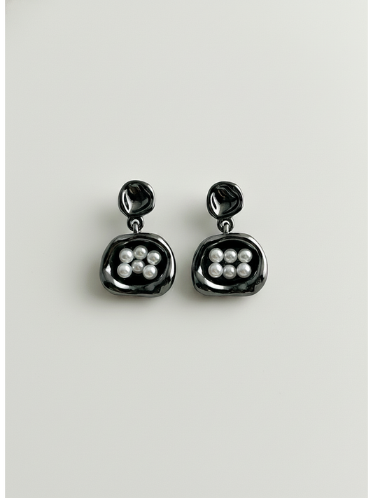 Black Enamel Pearl-look Geometric Drop with Sterling Silver Posts Earring 1