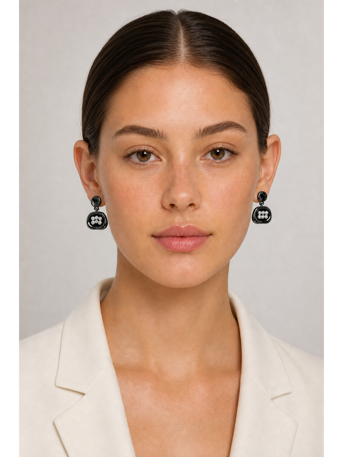 Black Enamel Pearl-look Geometric Drop with Sterling Silver Posts Earring 2