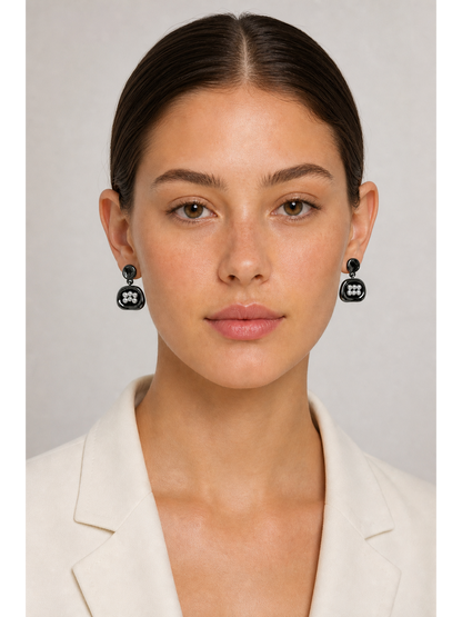 Black Enamel Pearl-look Geometric Drop with Sterling Silver Posts Earring 2
