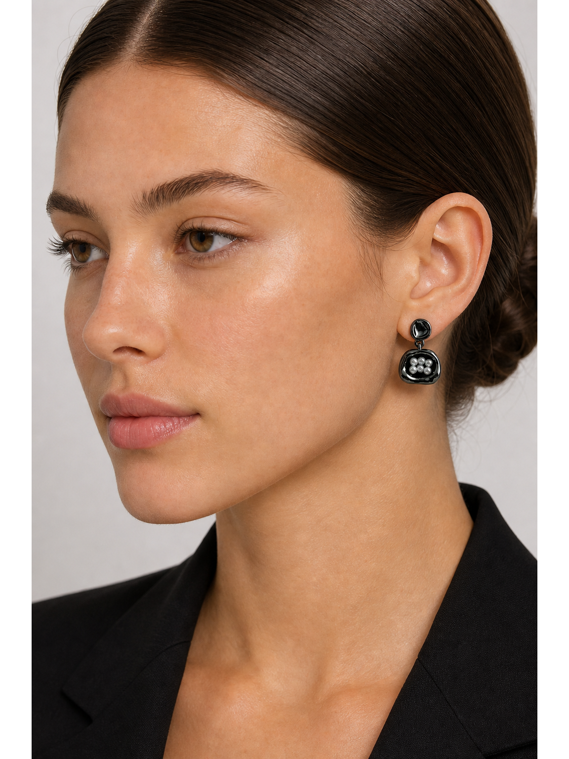 Black Enamel Pearl-look Geometric Drop with Sterling Silver Posts Earring 3