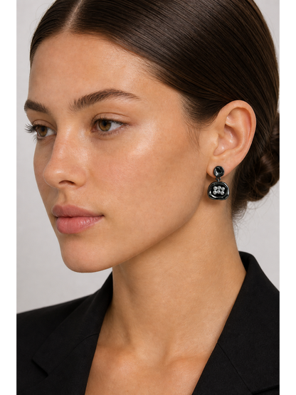 Black Enamel Pearl-look Geometric Drop with Sterling Silver Posts Earring 3