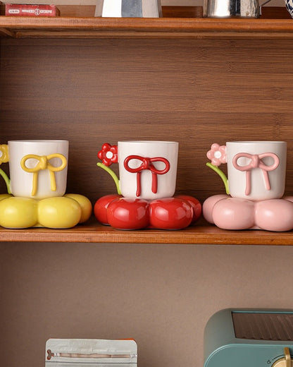 Cute Flower Base Ceramic Mug – Bow Knot Coffee Cup with Floral Handle