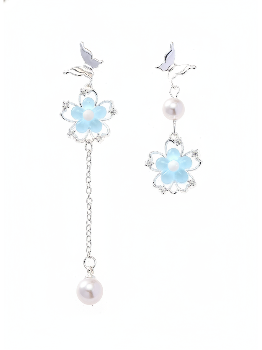 Blue Asymmetrical Bird & Flower Drop Rhodium with Sterling Silver Posts Earring 1