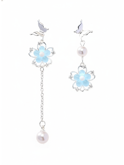 Blue Asymmetrical Bird & Flower Drop Rhodium with Sterling Silver Posts Earring 1