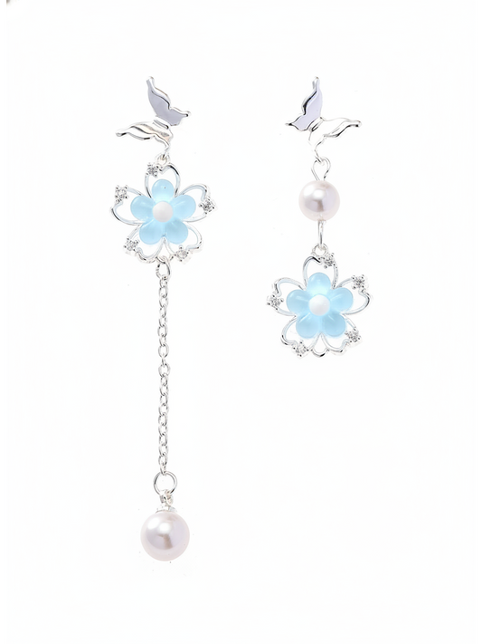 Blue Asymmetrical Bird & Flower Drop Rhodium with Sterling Silver Posts Earring 1