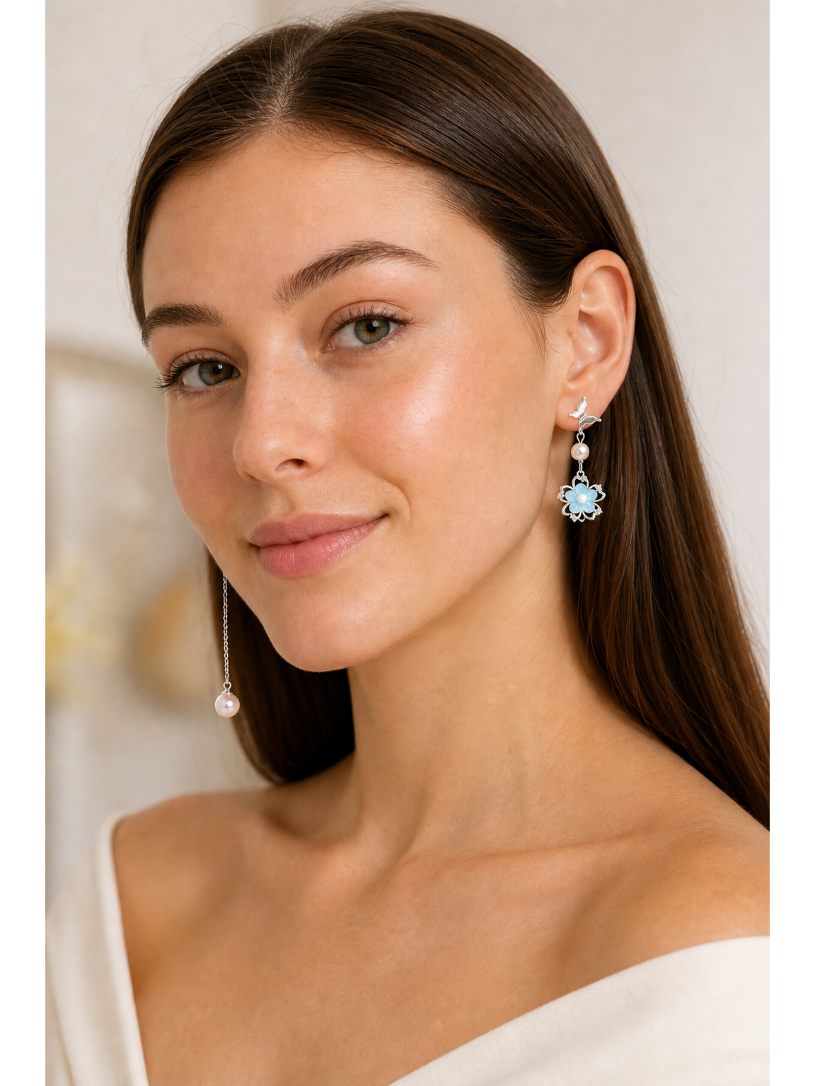 Blue Asymmetrical Bird & Flower Drop Rhodium with Sterling Silver Posts Earring 3
