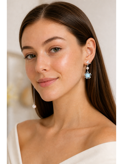 Blue Asymmetrical Bird & Flower Drop Rhodium with Sterling Silver Posts Earring 3