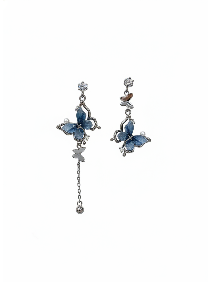 Blue Asymmetrical Butterfly Enamel with Sterling Silver Posts Earring 1