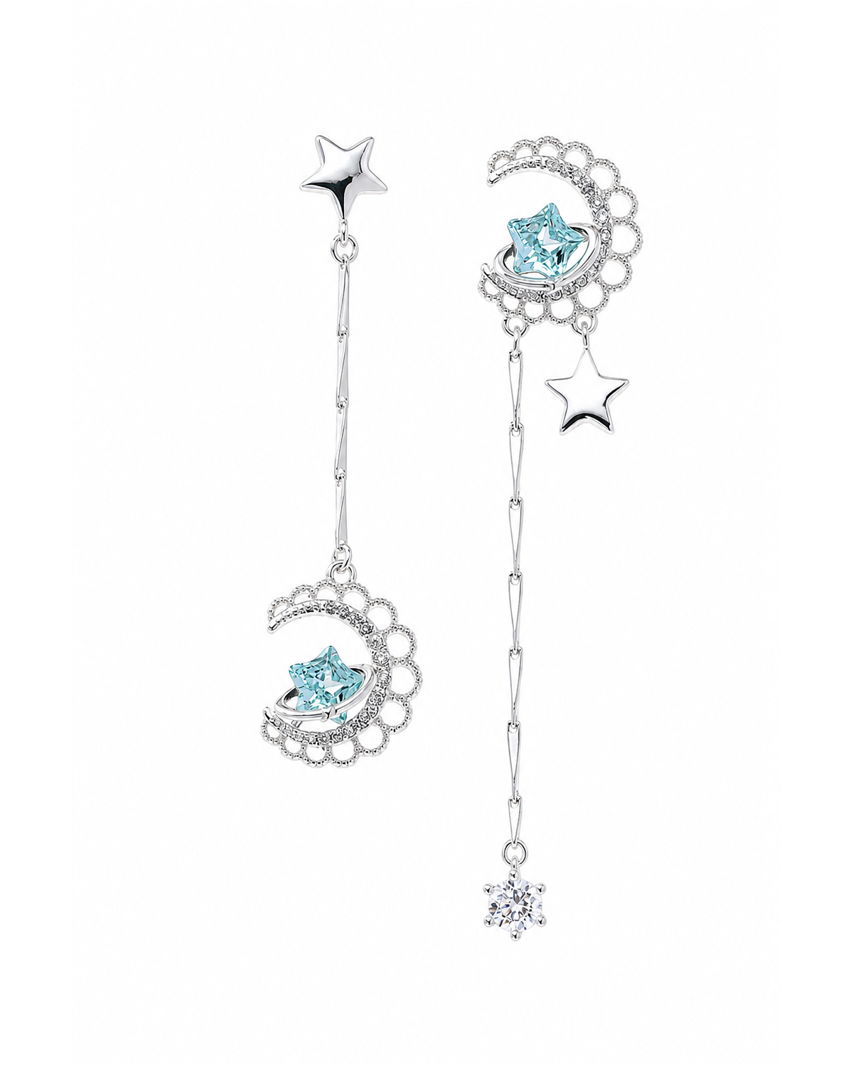 Blue Asymmetrical Moon And Star Drop Rhodium with Sterling Silver Posts Earring 1