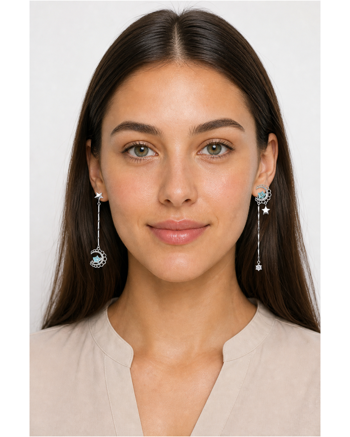Blue Asymmetrical Moon And Star Drop Rhodium with Sterling Silver Posts Earring 2