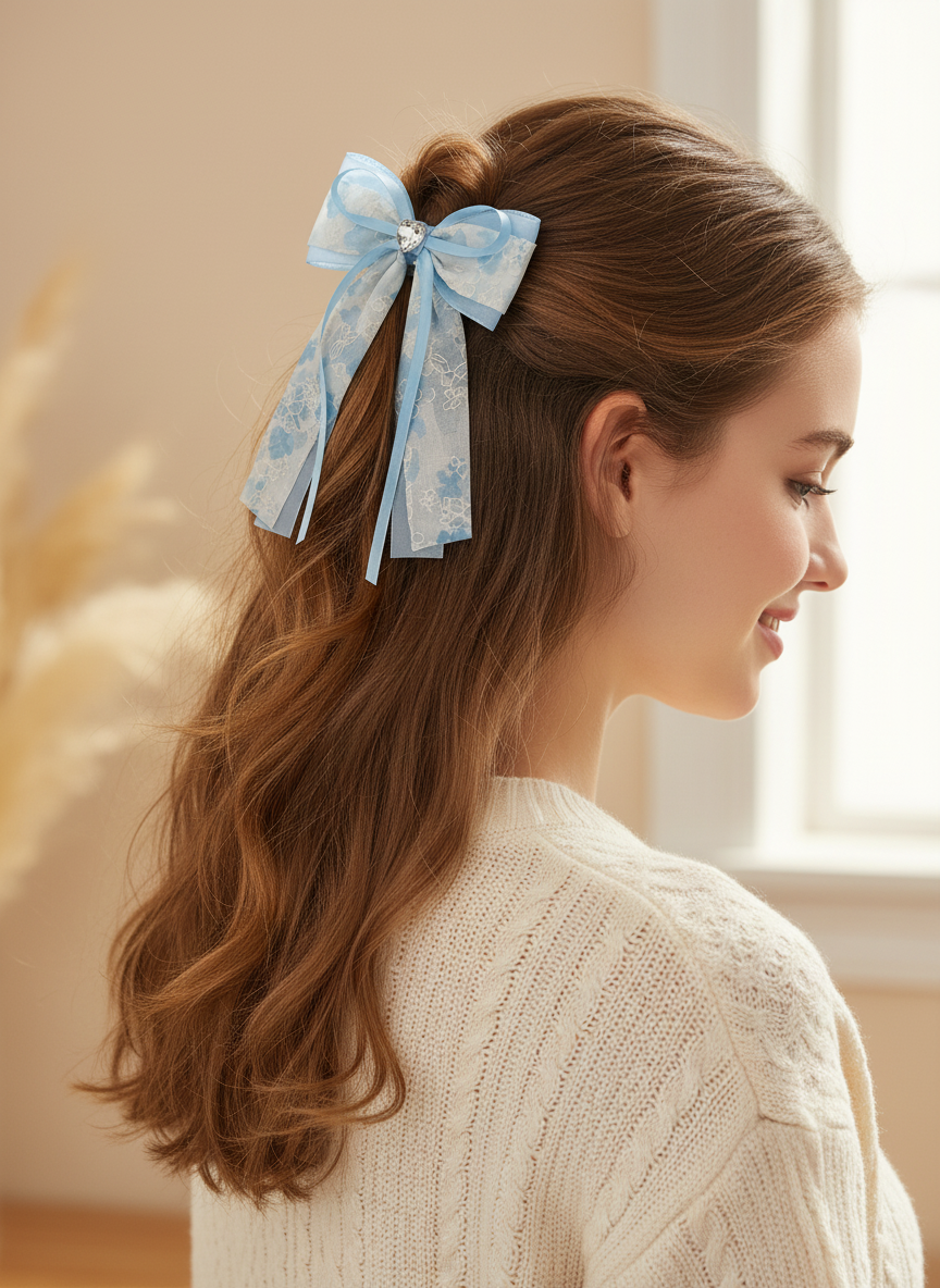 Delicate Blue Bow Hair Clip with Heart Detail, Pack of 2 2