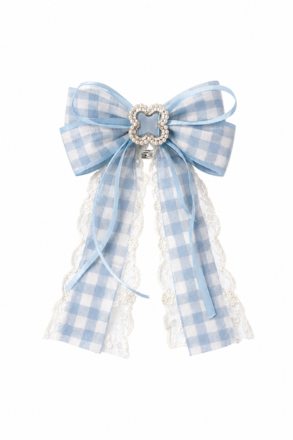 Blue Checkered Bow Hair Clip with Pearl Decor, 2 Pack 1