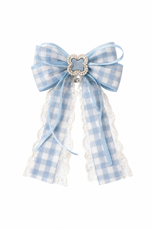 Blue Checkered Bow Hair Clip with Pearl Decor