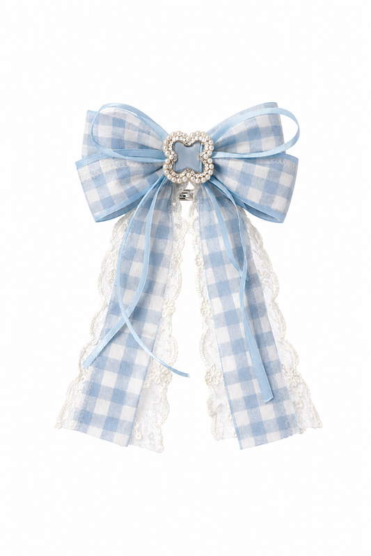 Blue Checkered Bow Hair Clip with Pearl Decor, 2 Pack 1