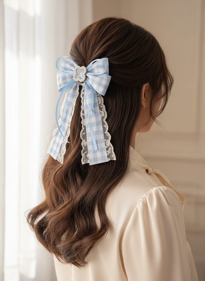 Blue Checkered Bow Hair Clip with Pearl Decor, 2 Pack 2