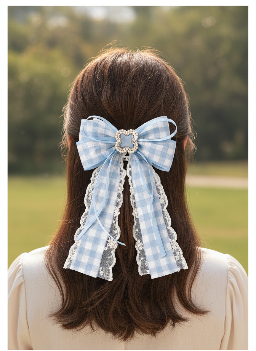 Blue Checkered Bow Hair Clip with Pearl Decor, 2 Pack 3