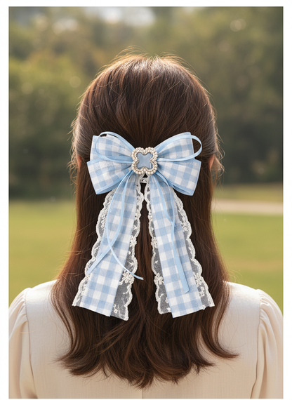 Blue Checkered Bow Hair Clip with Pearl Decor, 2 Pack 3