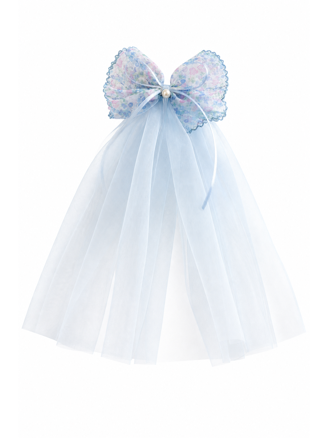 Blue Floral Bow Clip with Long Tulle Tail 1