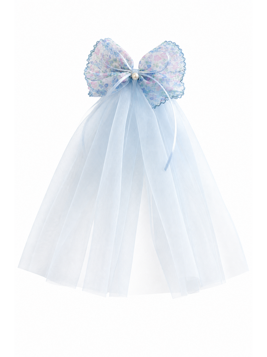 Blue Floral Bow Clip with Long Tulle Tail 1