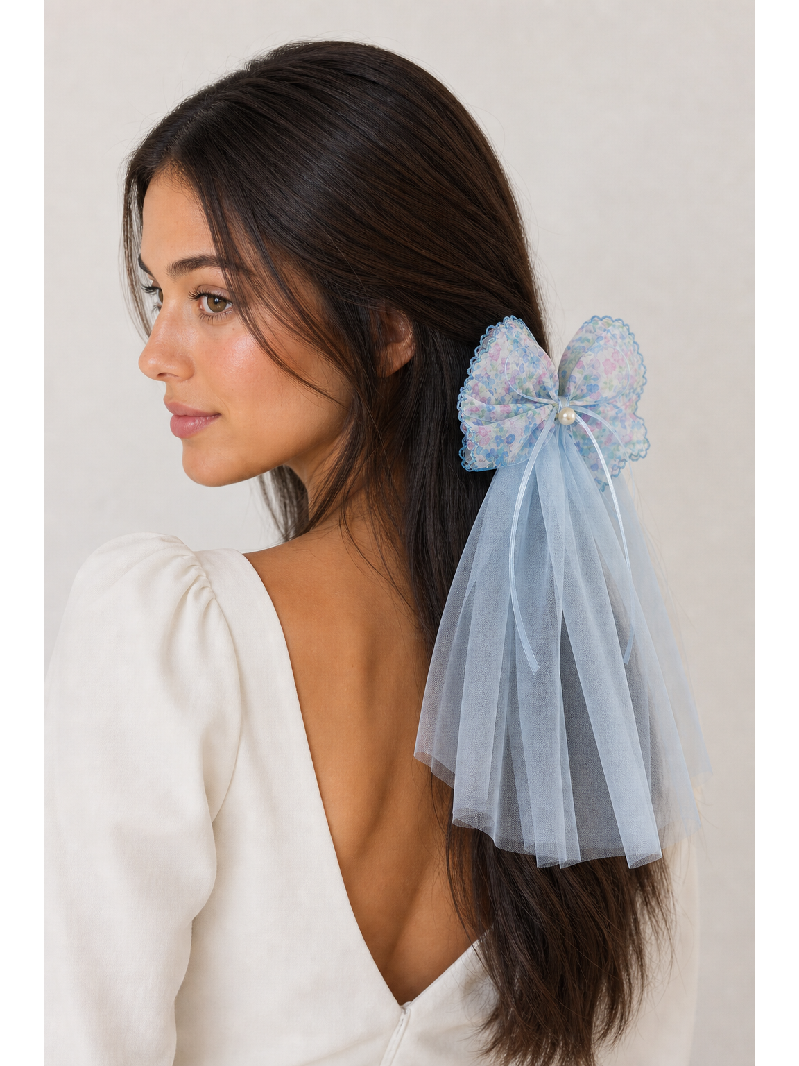 Blue Floral Bow Clip with Long Tulle Tail 2