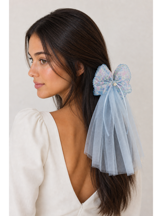 Blue Floral Bow Clip with Long Tulle Tail 2