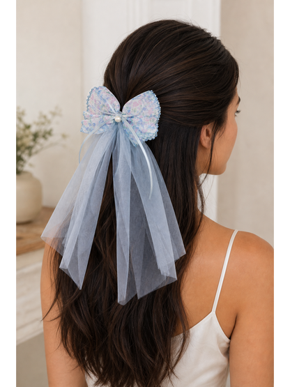 Blue Floral Bow Clip with Long Tulle Tail 3