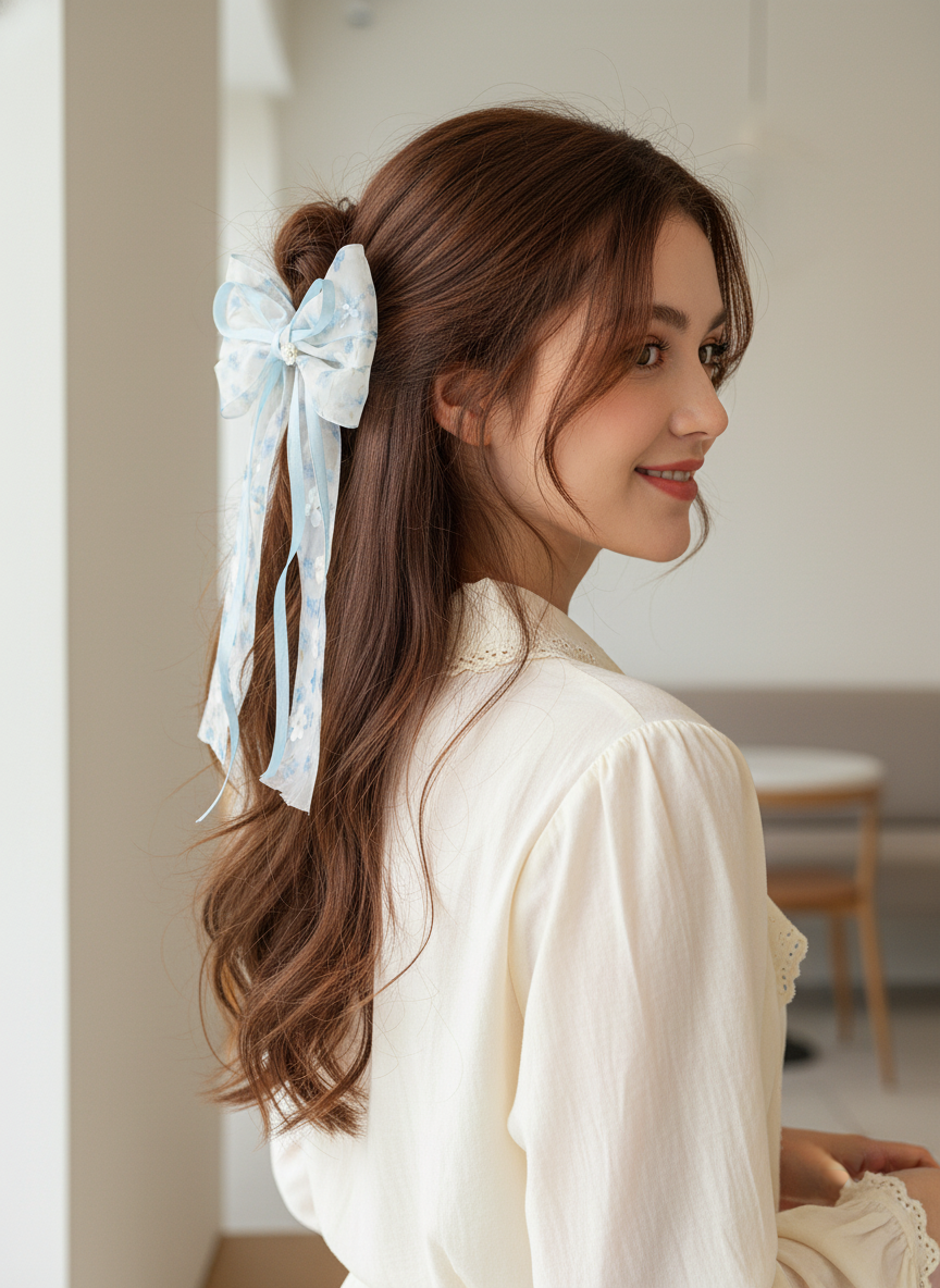 Elegant Blue Floral Bow Hair Clip – Set of 3 2
