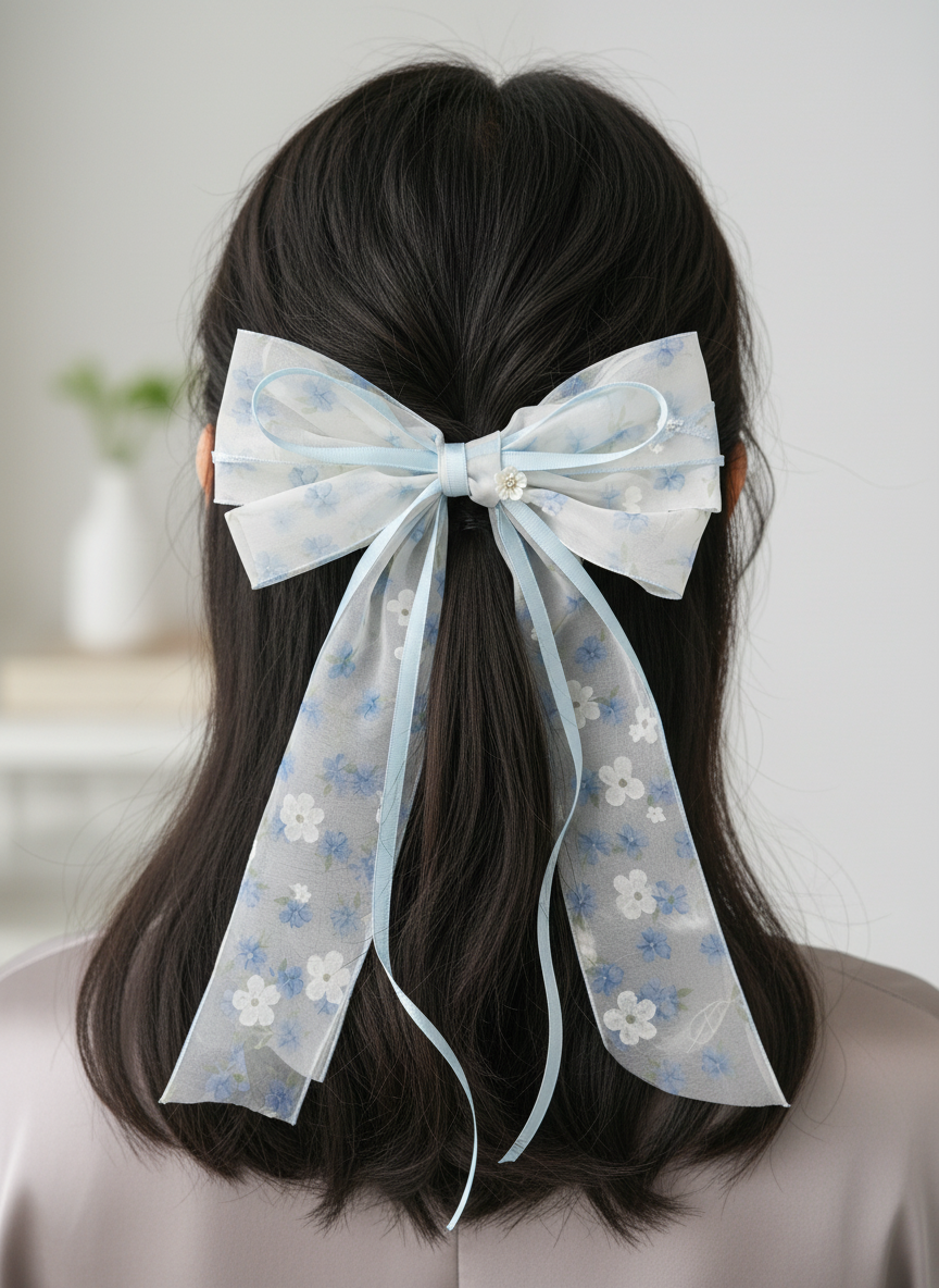 Elegant Blue Floral Bow Hair Clip – Set of 3 3