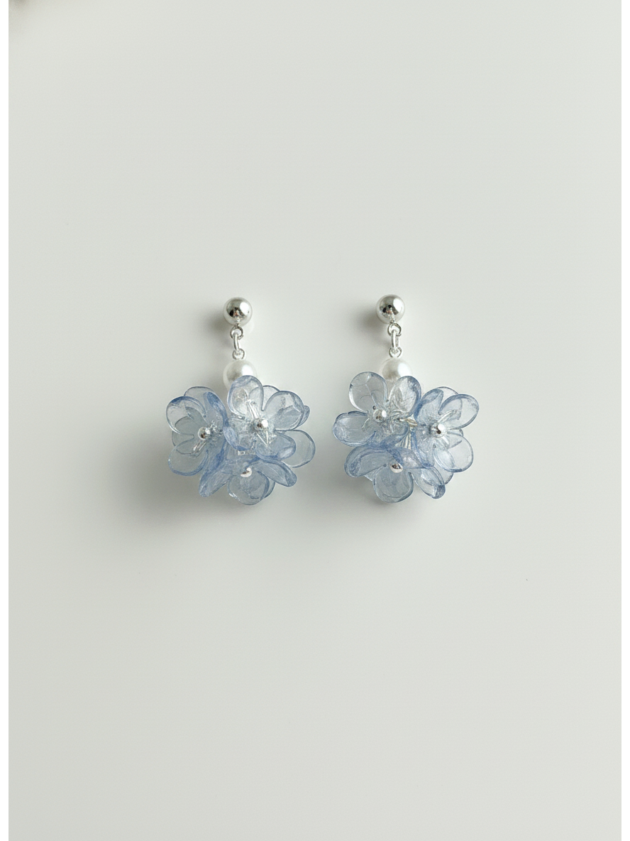 Blue Floral Pearl Drop Rhodium with Sterling Silver Posts Earring 1